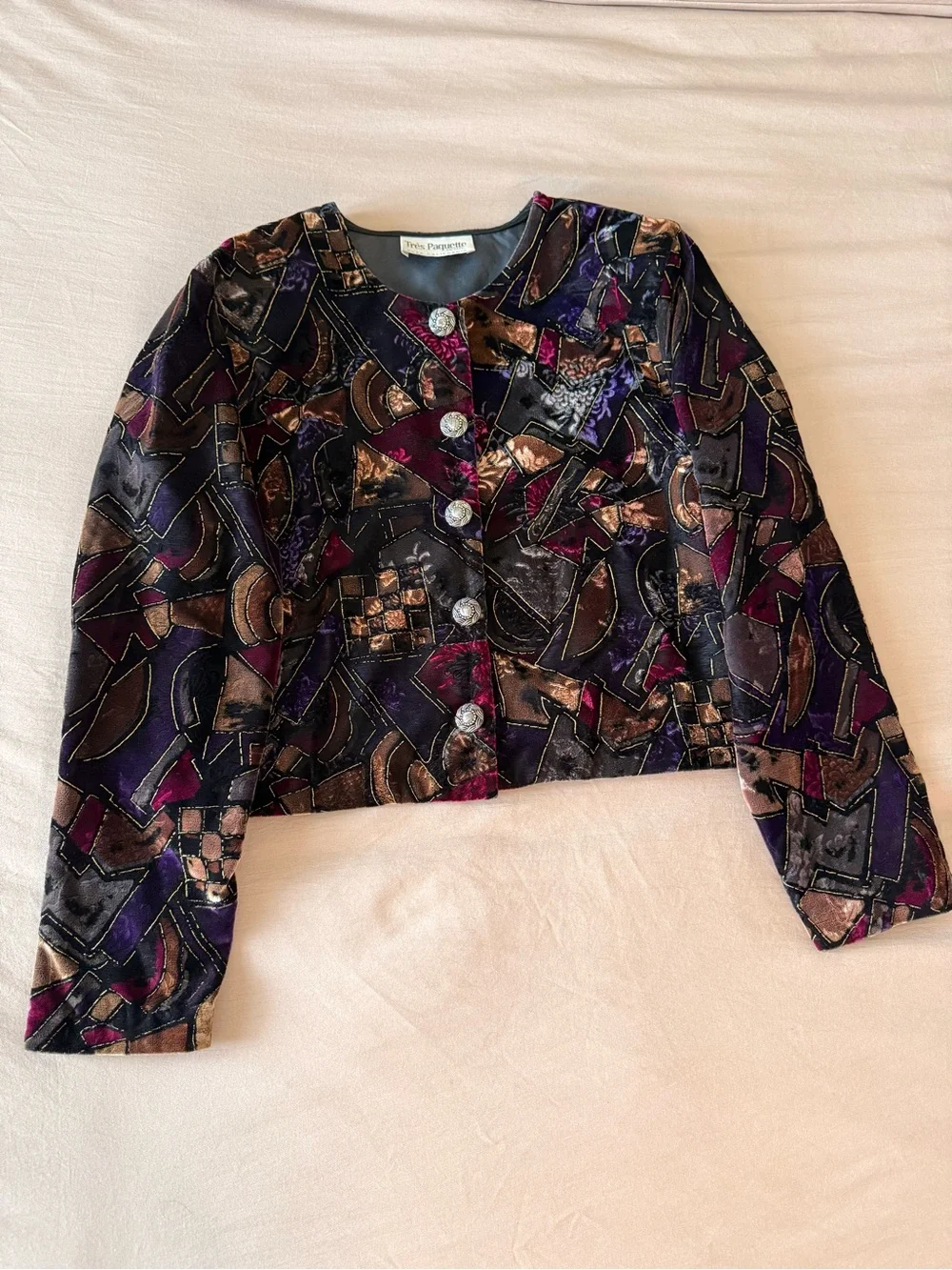 VTG Tres Paquette Velvet Cropped Blazer Abstract Multi Metallic Sz 10 Petite